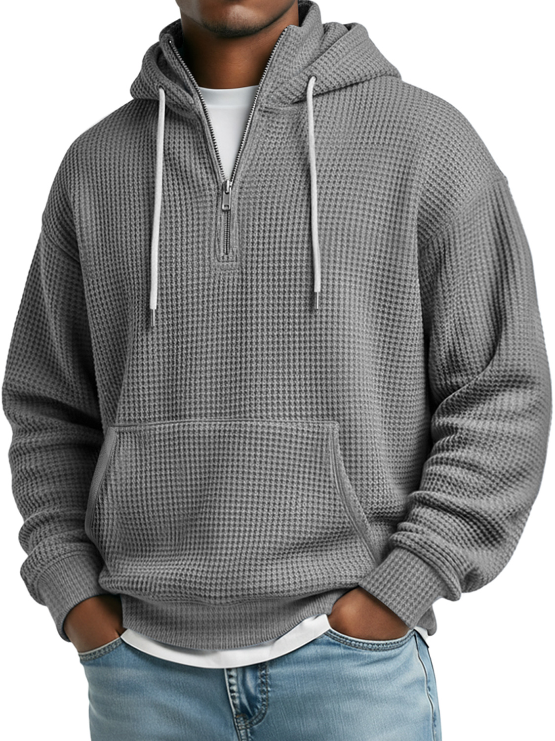 Herren Daily Waffle Stehkragen Reißverschluss Lässiger Lockere Kapuzenpullover-deurabatt