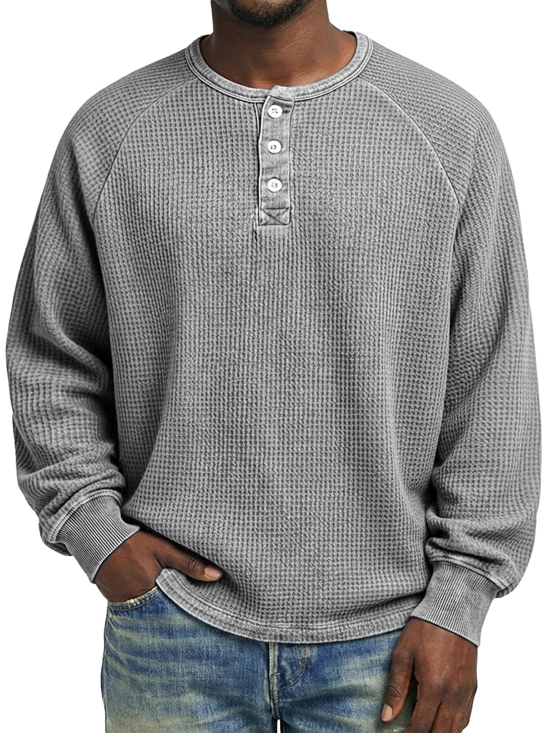 Herren Freizeit Raglanärmel Waffelstrick Bequem Langarm Henley Shirt-deurabatt