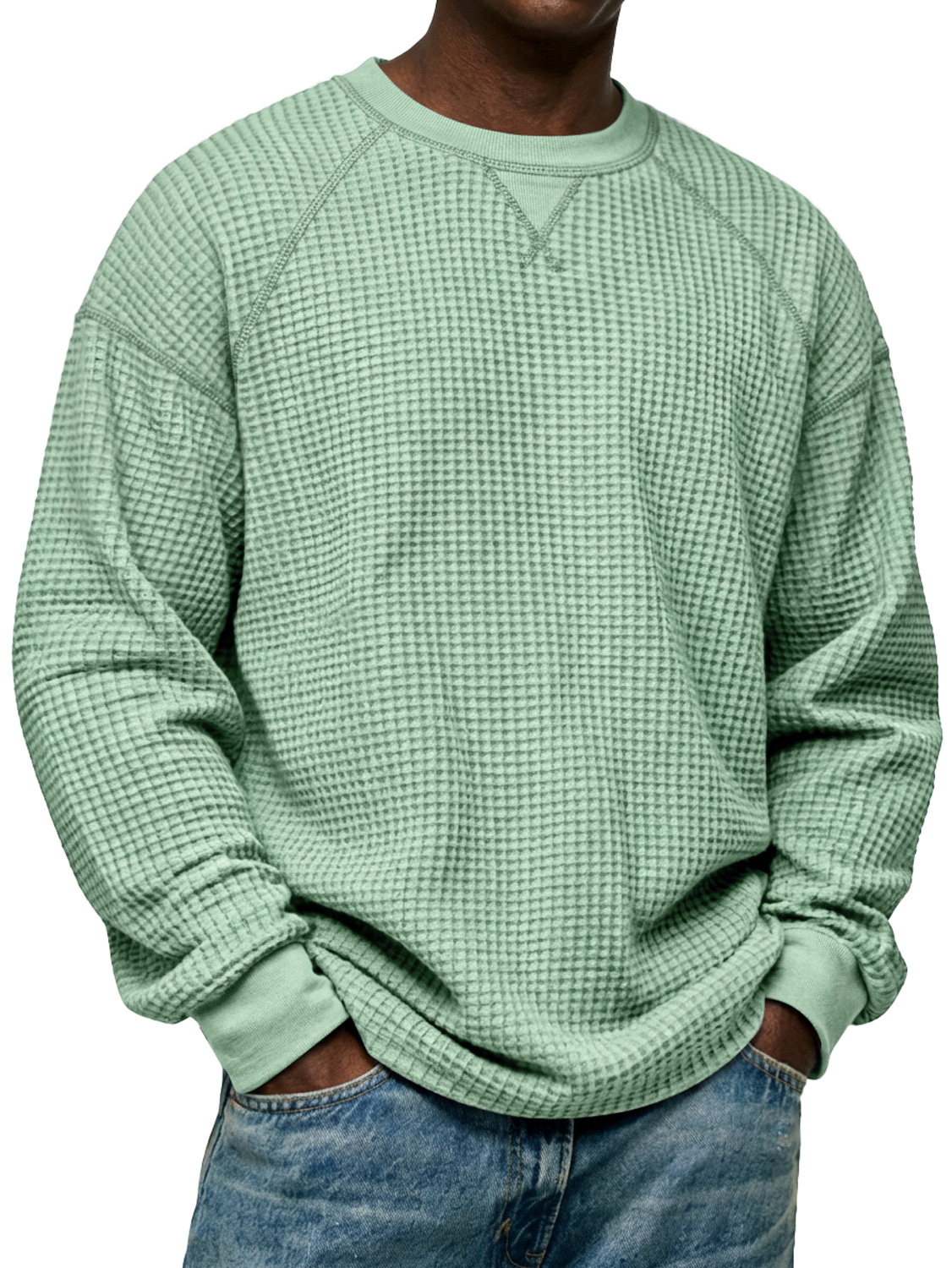 Herren Einfaches Waffelstrick Rundhals Raglanärmel Langarm-T-Shirt-deurabatt