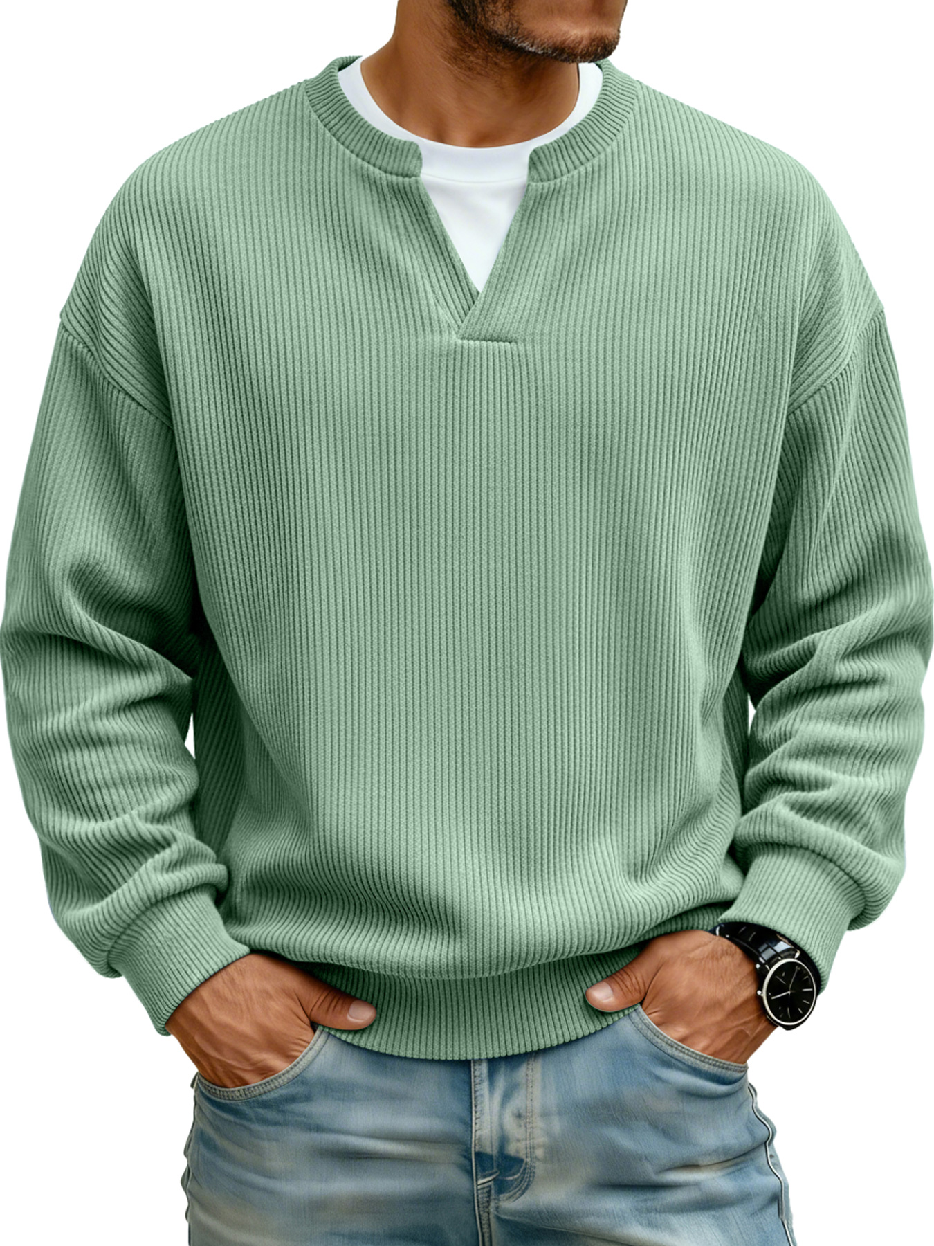 Herren Ripp-V-Ausschnitt Faux Zwei-Teile Freizeit Langarm T-Shirt-deurabatt