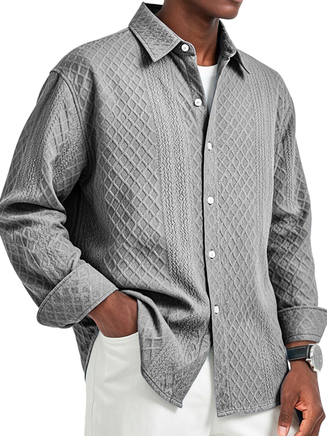 Herren Daily Jacquard Struktur Freizeit Revers Langarmhemd-deurabatt