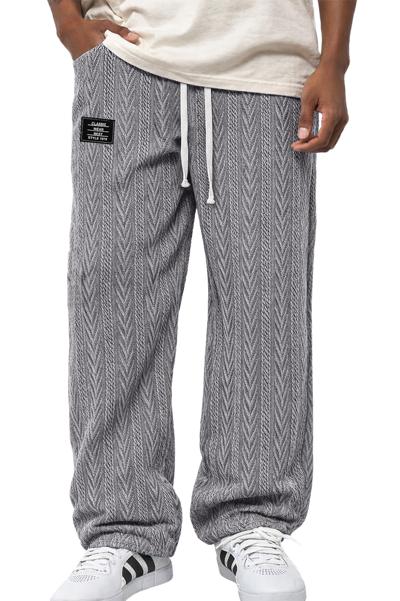 Herren Freizeit Jacquard Strukturierte Bestickte Logo Elastischer Bund Lockere Hose-deurabatt