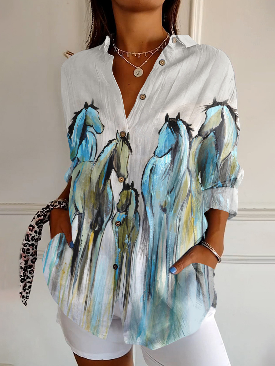 Bluse mit floralem Print und klassischem Hemdkragen aus Baumwolle und Leinen