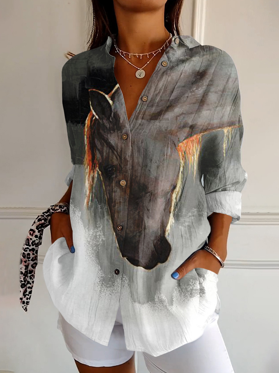 Bluse mit floralem Print und klassischem Hemdkragen aus Baumwolle und Leinen