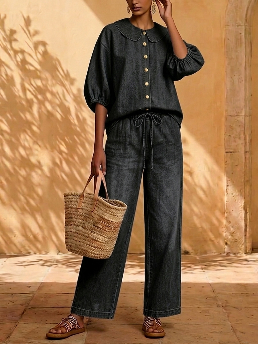 New Arrivals🔥 Stylish Peter Pan Collar Shirt and Wide-leg Pant Denim Two-piece Set
