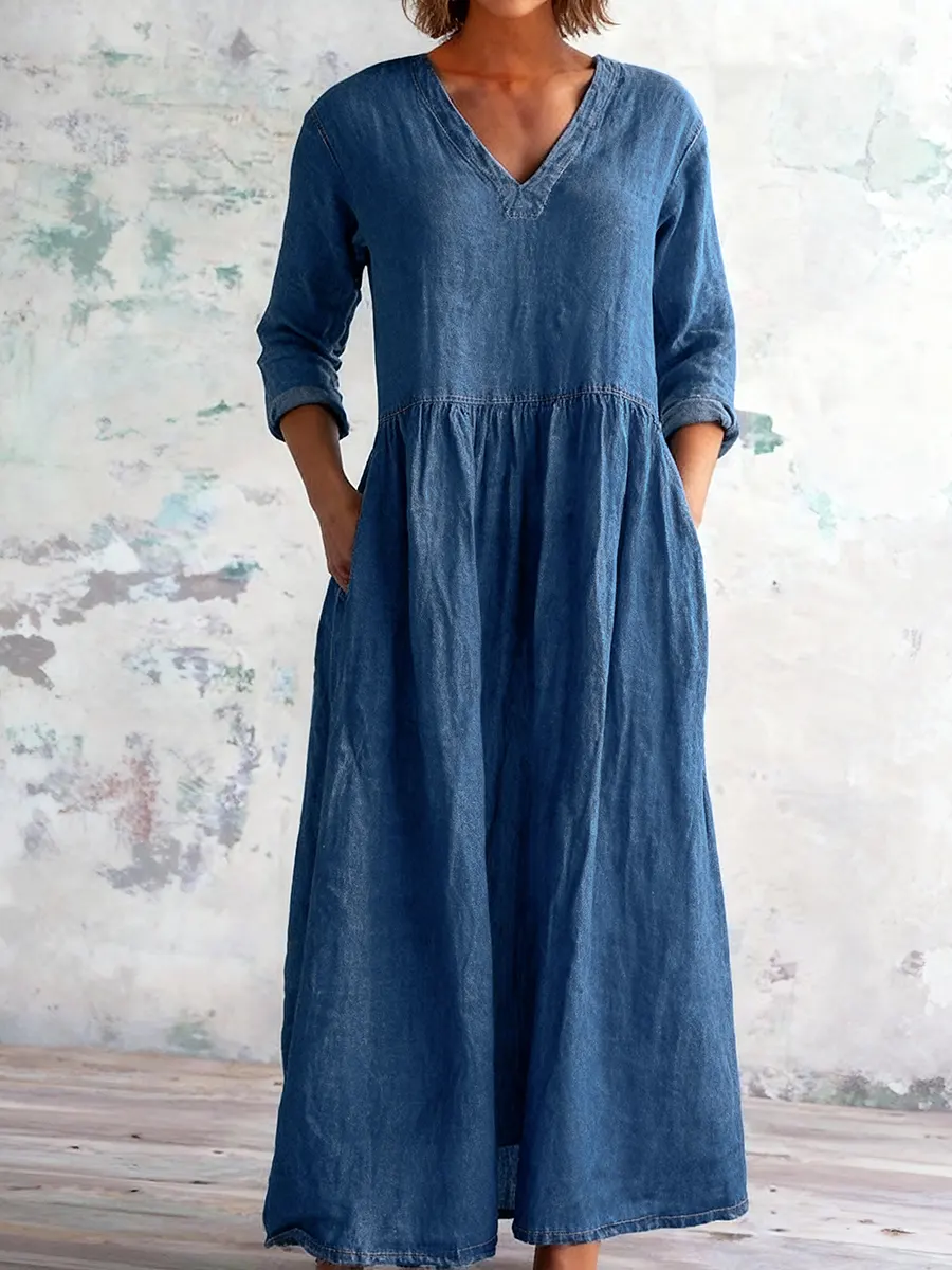 Lässiges Damen-Denim-Baumwollkleid mit V-Ausschnitt