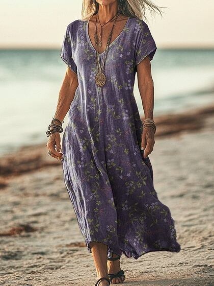 Women's Short Sleeve Spring Floral Print V Neck Casual Dress