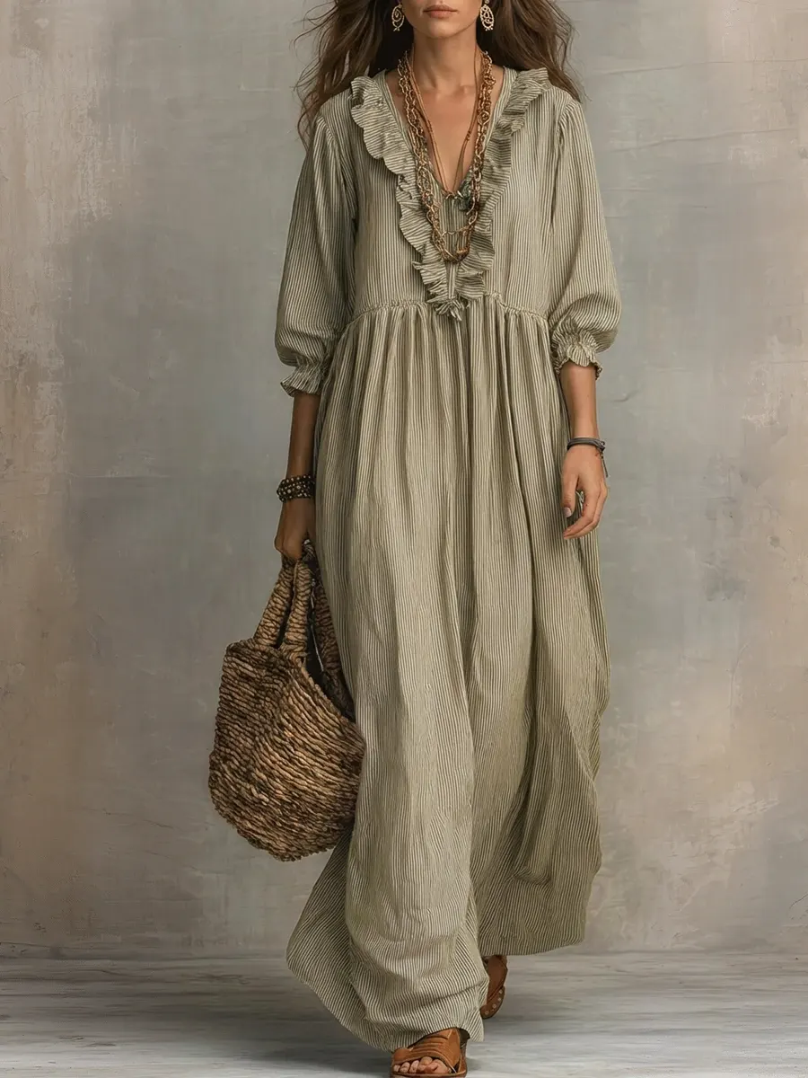 Women's Striped Art Print Casual Stylish Ruffled Vacation Maxi Dress-ZierMode