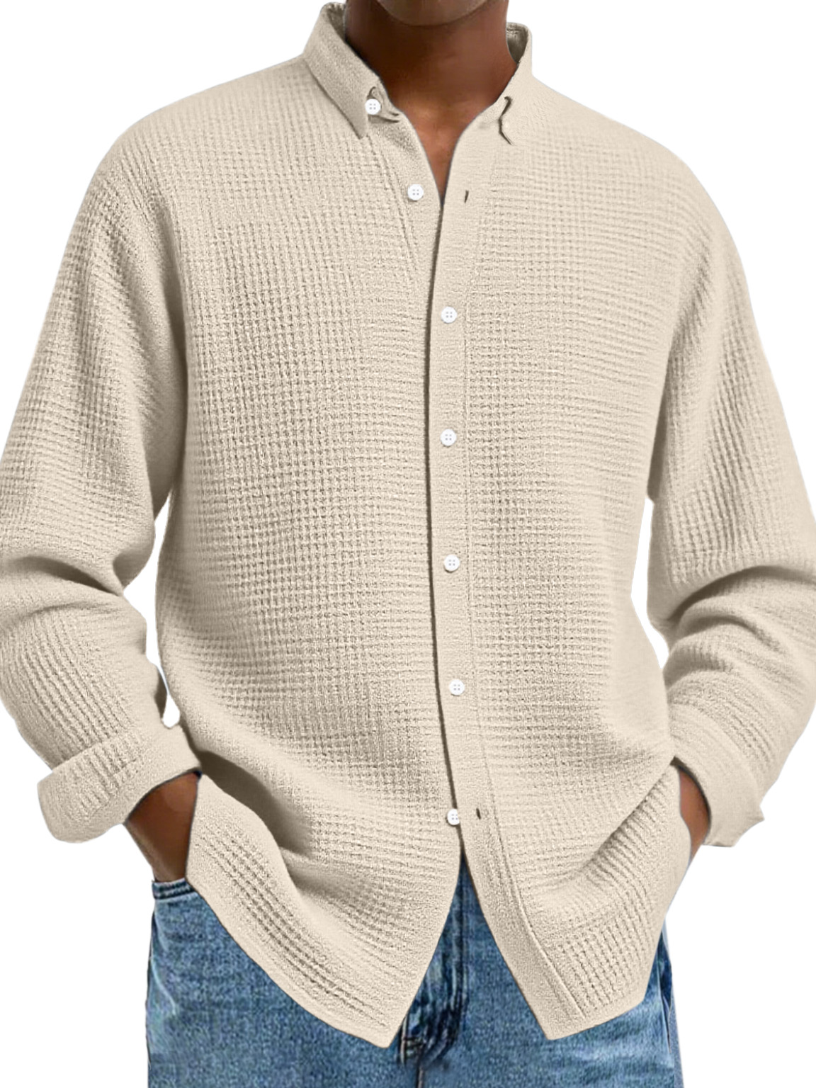 Herren Freizeit Einfarbige Waffel Knopf Langarmshirt-deurabatt