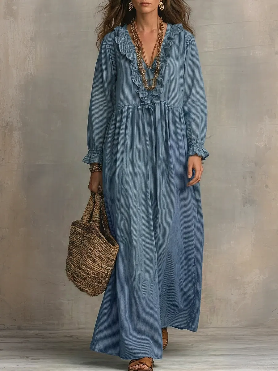 Women's Striped Art Print Casual Stylish Ruffled Vacation Maxi Dress