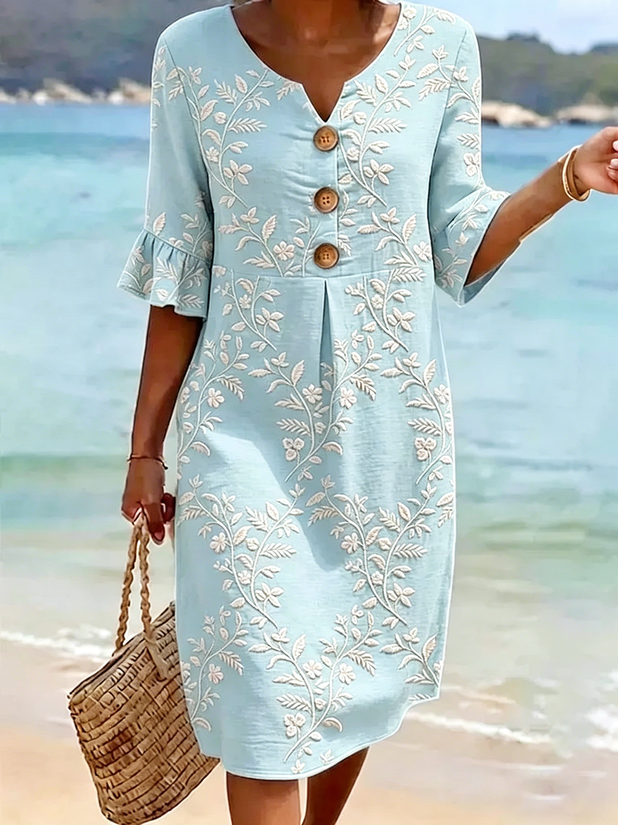 Lässiges Leinenkleid mit V-Ausschnitt und Print, geeignet für reife Damen