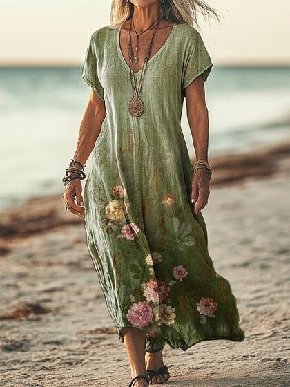 Women's Short Sleeve Spring Floral Print V Neck Casual Dress