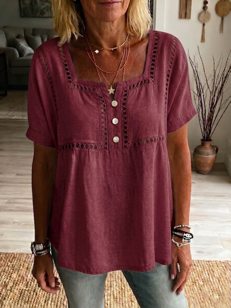 New Arrivals🔥 Women's Solid-color Square-neck Short-sleeve Casual Loose Cotton-linen Top