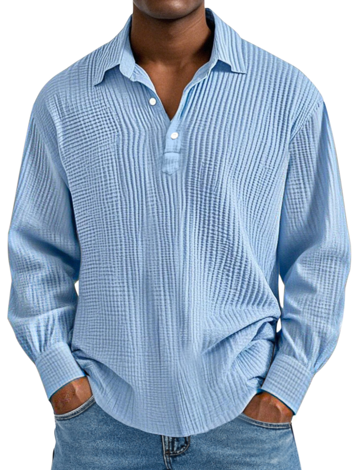 Herren Tägliches Einfaches Einfarbiges Plissiertes Langarm Poloshirt mit Revers-deurabatt