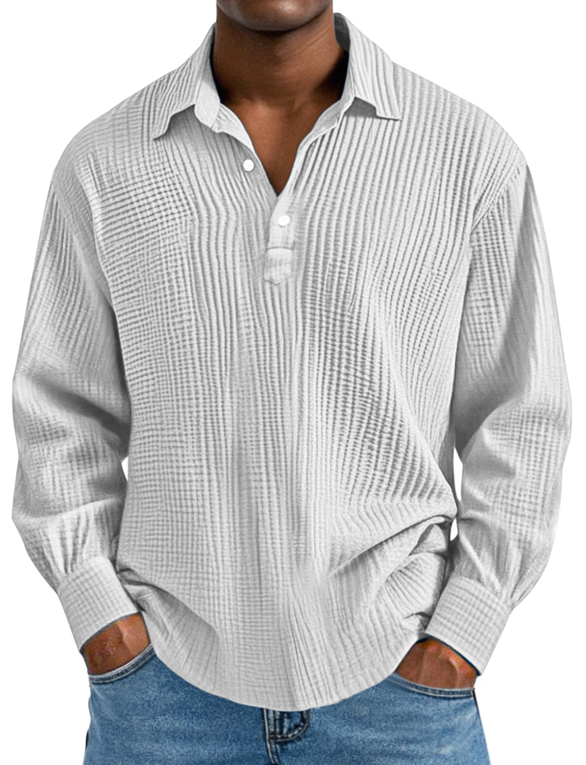 Herren Tägliches Einfaches Einfarbiges Plissiertes Langarm Poloshirt mit Revers-deurabatt