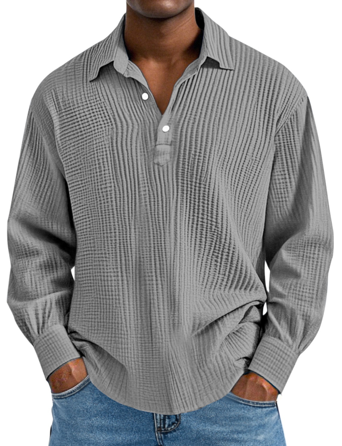 Herren Tägliches Einfaches Einfarbiges Plissiertes Langarm Poloshirt mit Revers-deurabatt