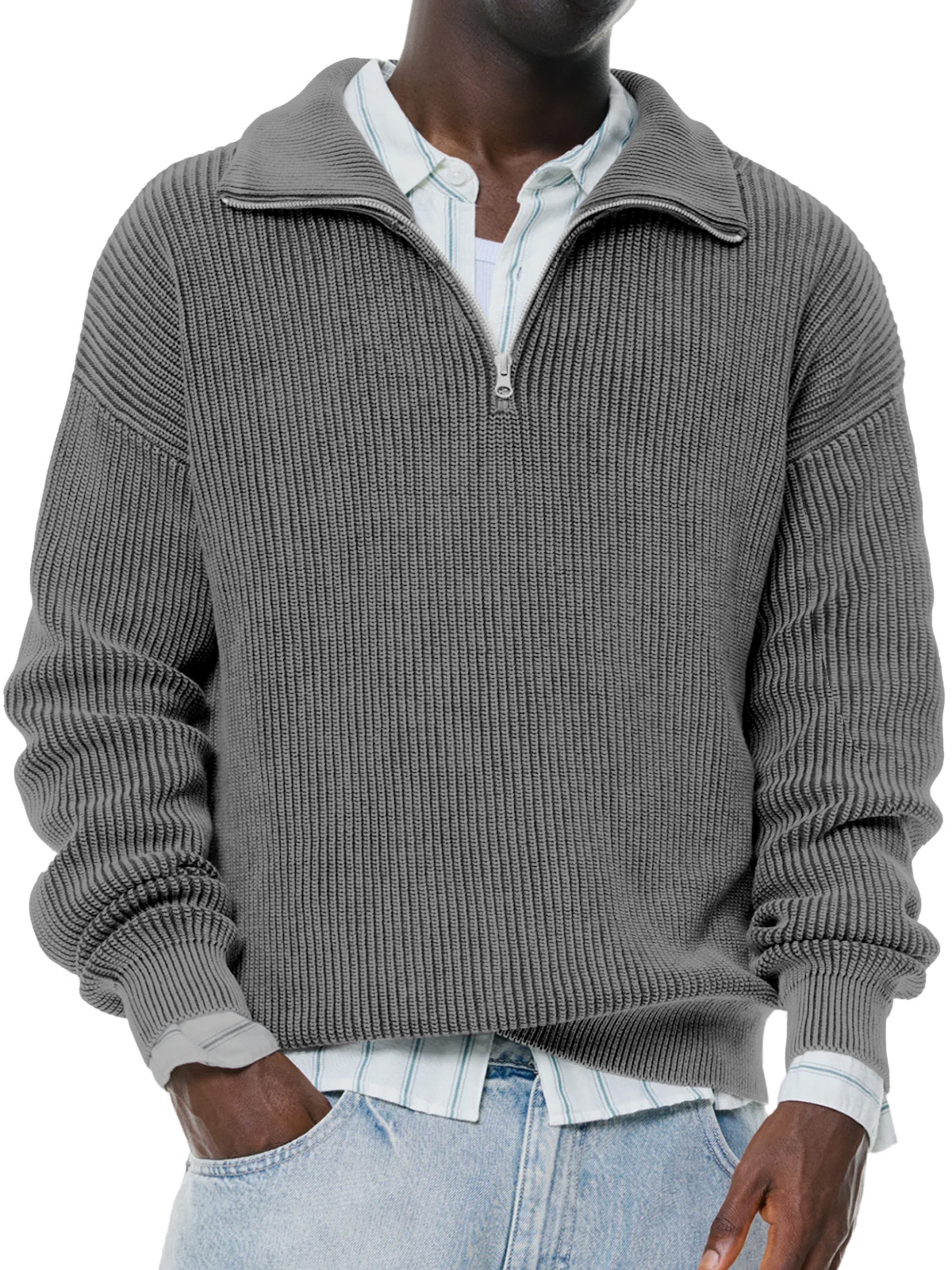 Herren täglicher lässiger einfarbiger gestrickter Stehkragen Reißverschluss Pullover Pullover-deurabatt