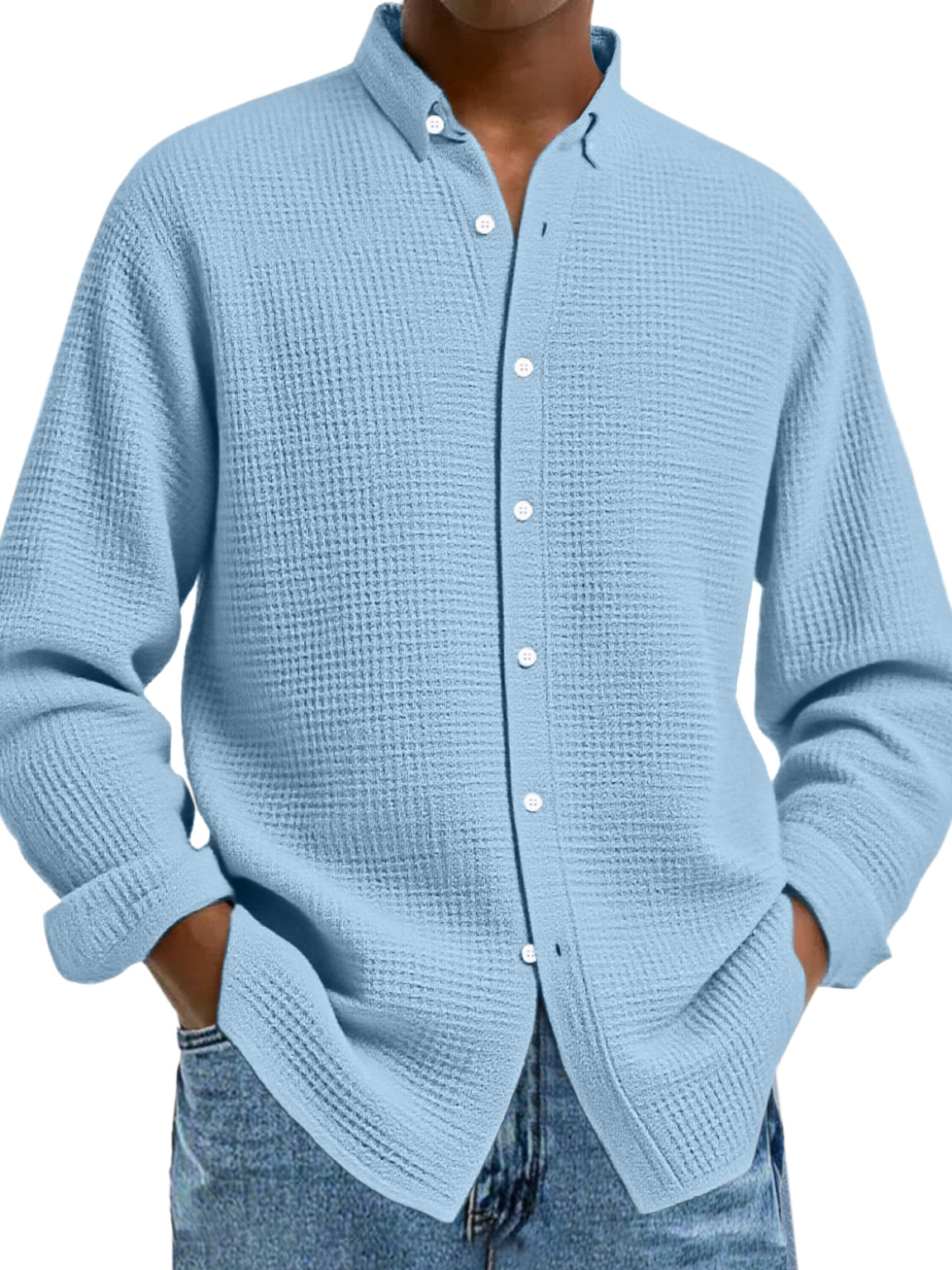 Herren Freizeit Einfarbige Waffel Knopf Langarmshirt-deurabatt