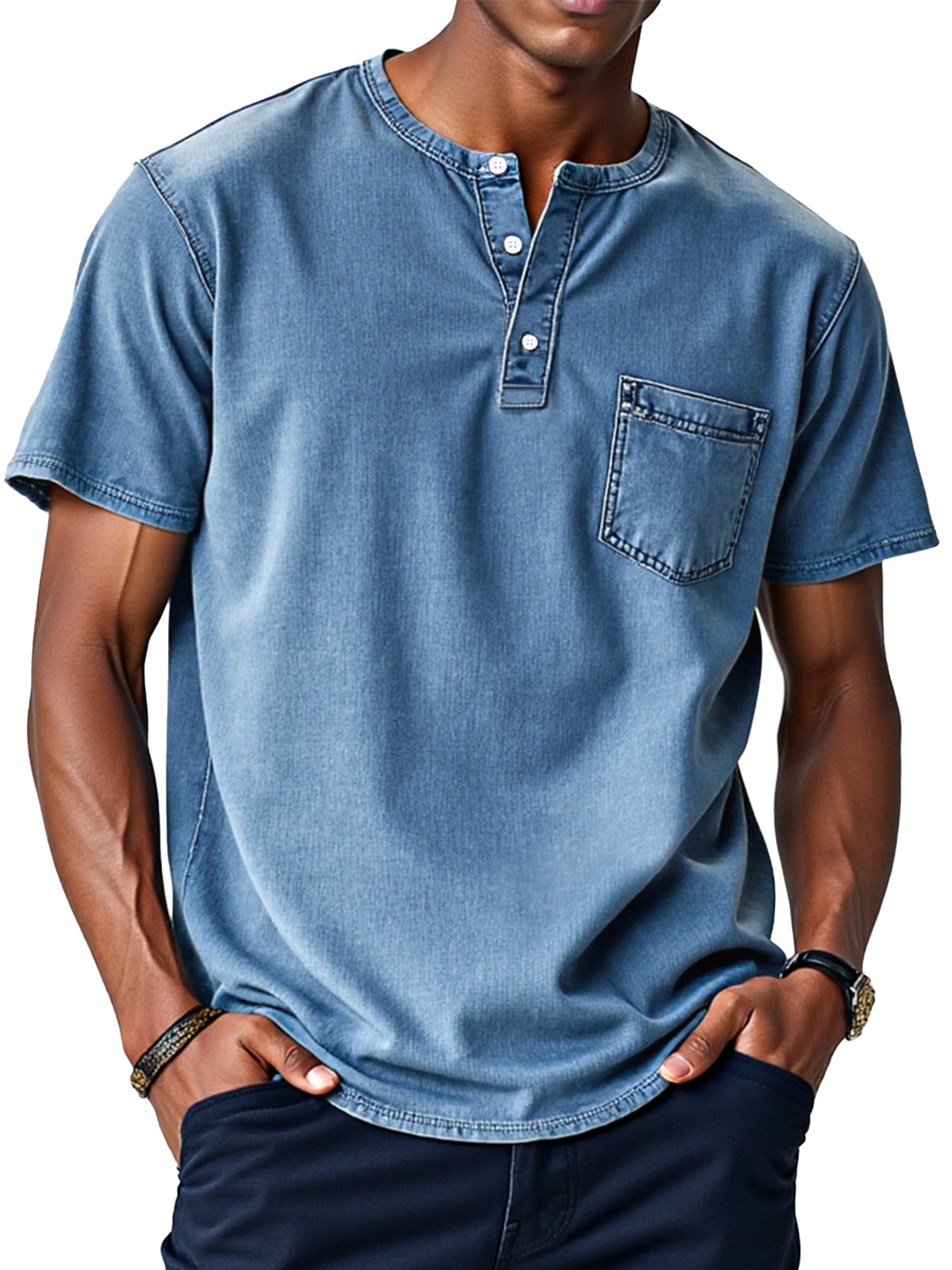 Herren Retro Einfarbig Locker Knopf Stehkragen Kurzarm Henley Shirt-deurabatt
