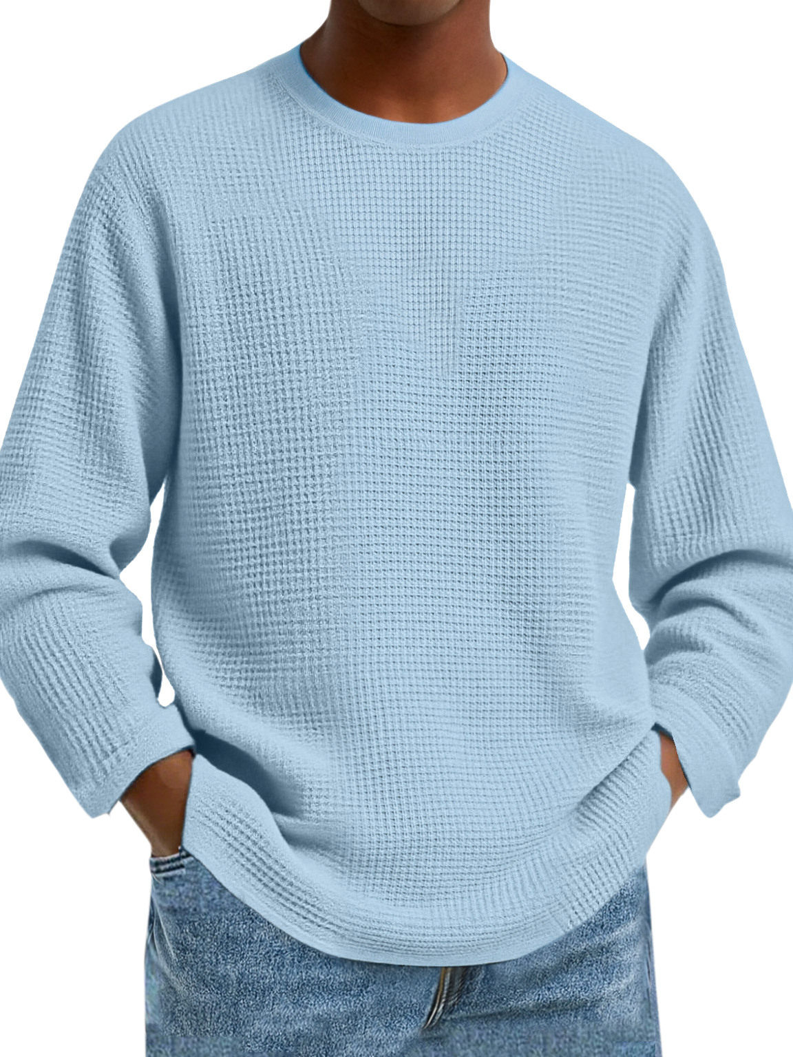 Herren Einfaches Tägliches Einfarbiges Waffel Rundhals Langarm T-Shirt-deurabatt
