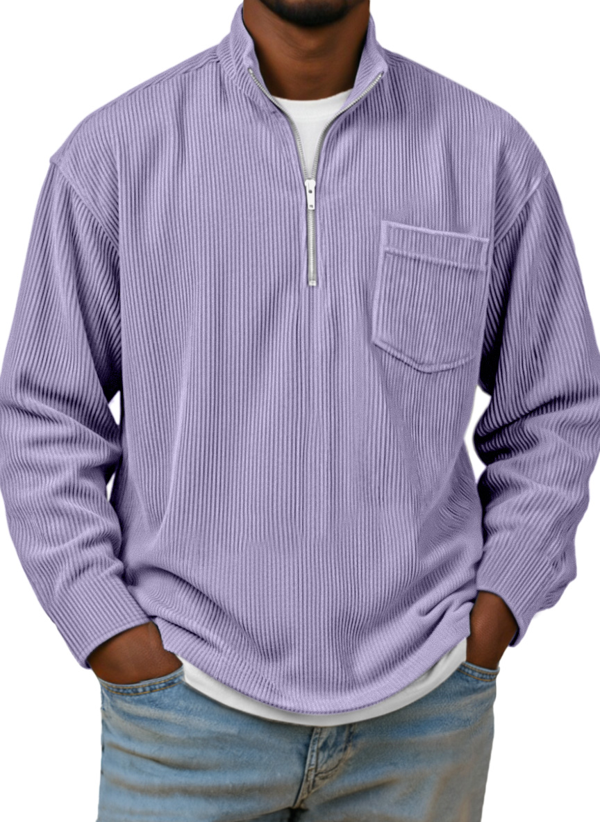 Herren Einfaches Basic Corduroy Viertel-Reißverschluss Stehkragen Langarm Polohemd-deurabatt