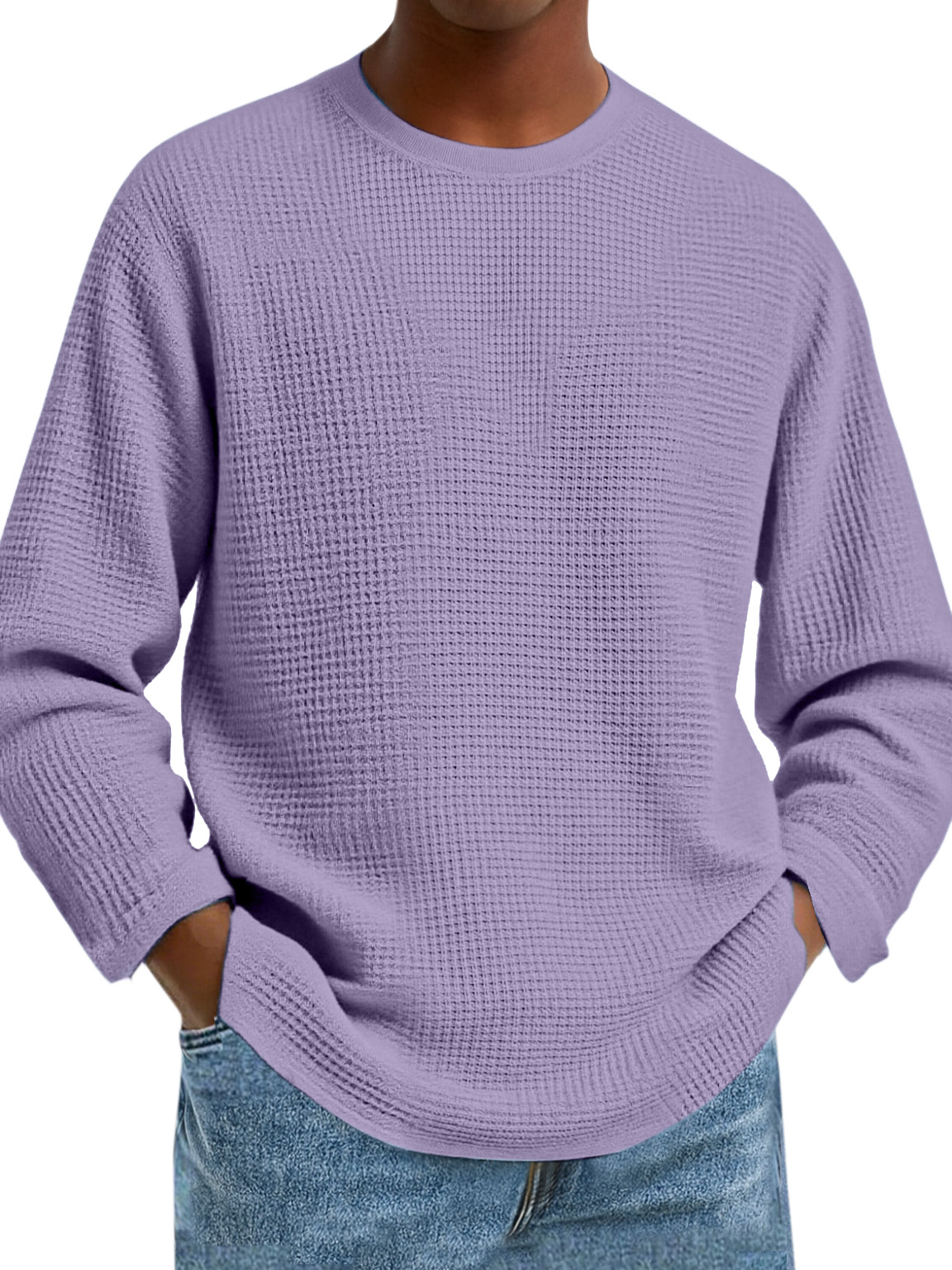 Herren Einfaches Tägliches Einfarbiges Waffel Rundhals Langarm T-Shirt-deurabatt