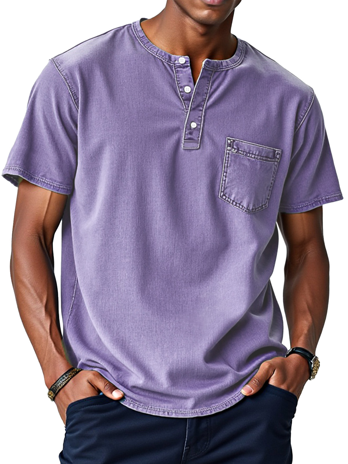 Herren Retro Einfarbig Locker Knopf Stehkragen Kurzarm Henley Shirt-deurabatt