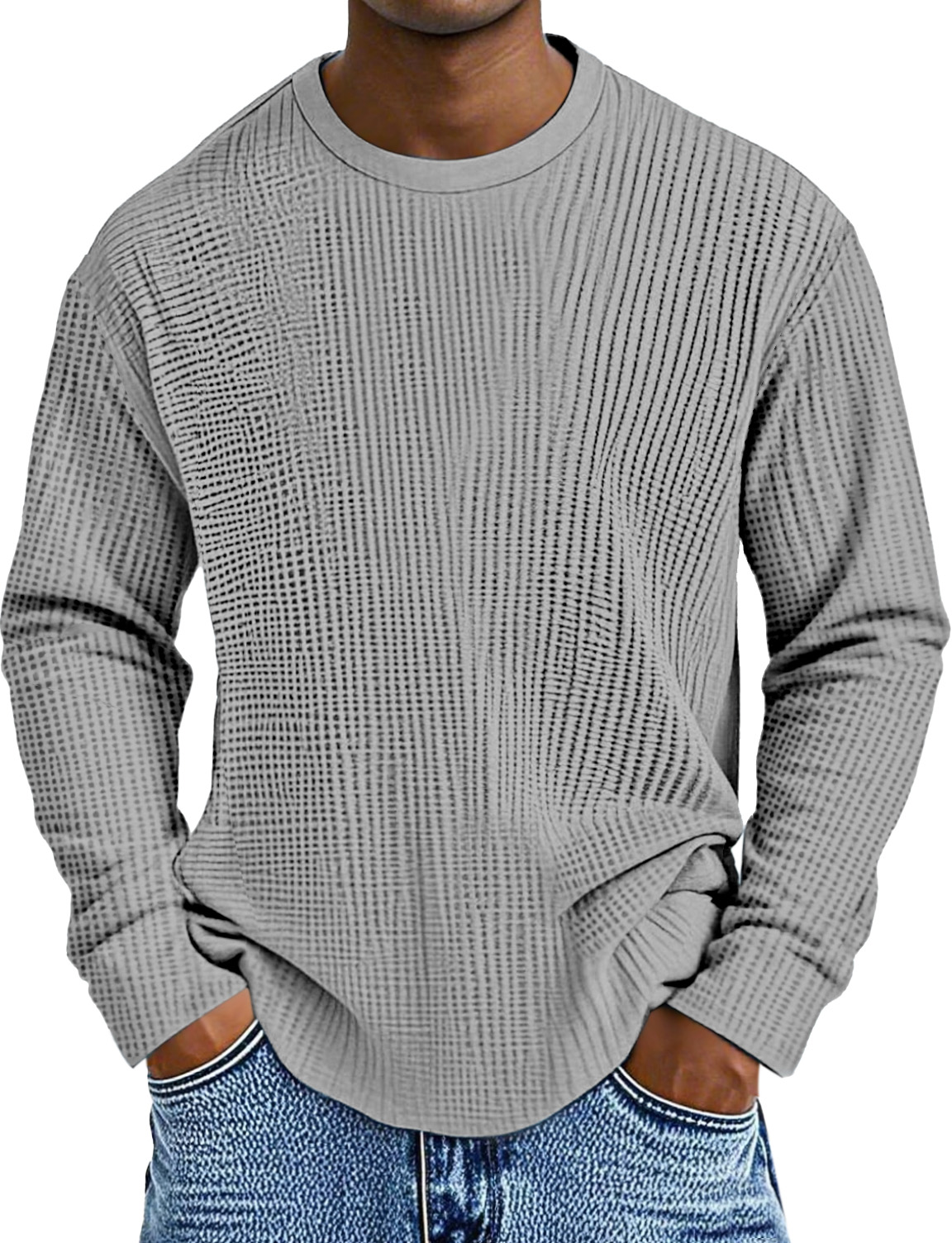 Herren Einfaches Tägliches Einfarbiges Waffel Rundhals Langarm-T-Shirt-deurabatt