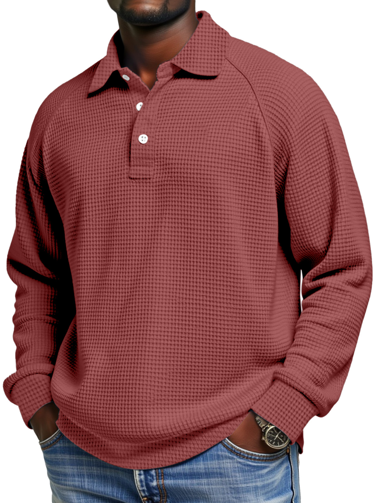Herren Tägliches Einfaches Einfarbiges Waffel Raglan Ärmel Langarm Polohemd-deurabatt