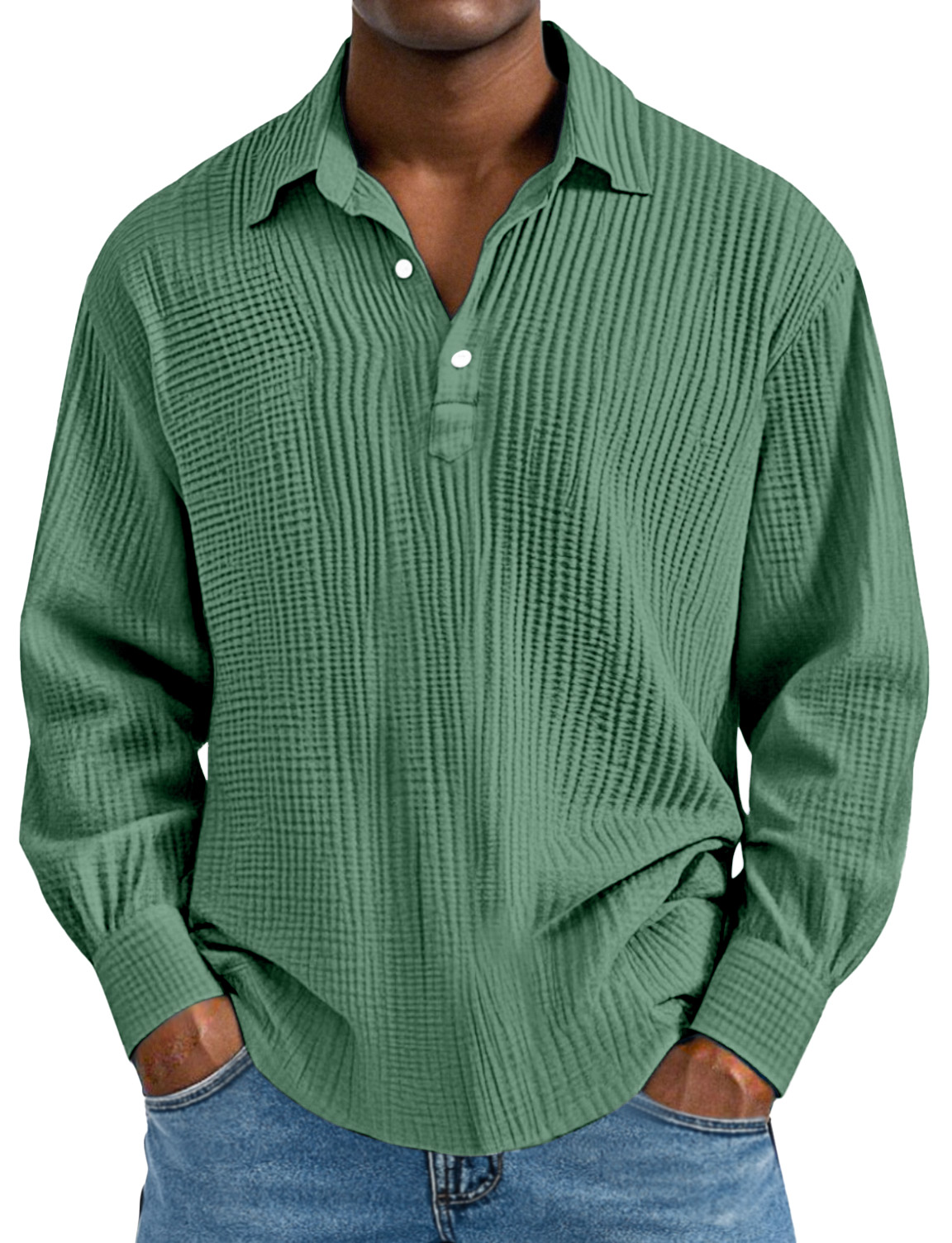 Herren Tägliches Einfaches Einfarbiges Plissiertes Langarm Poloshirt mit Revers-deurabatt