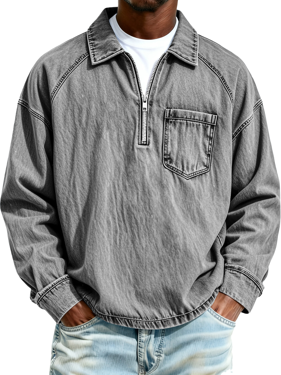 Herren Retro Raglan-Kragen Reißverschluss Freizeit Tasche Langarm Polo-Shirt-deurabatt