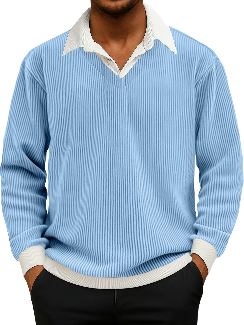 Herren Freizeit Faux Zwei-Teiliges Rippkragen Langarm Sweatshirt-deurabatt