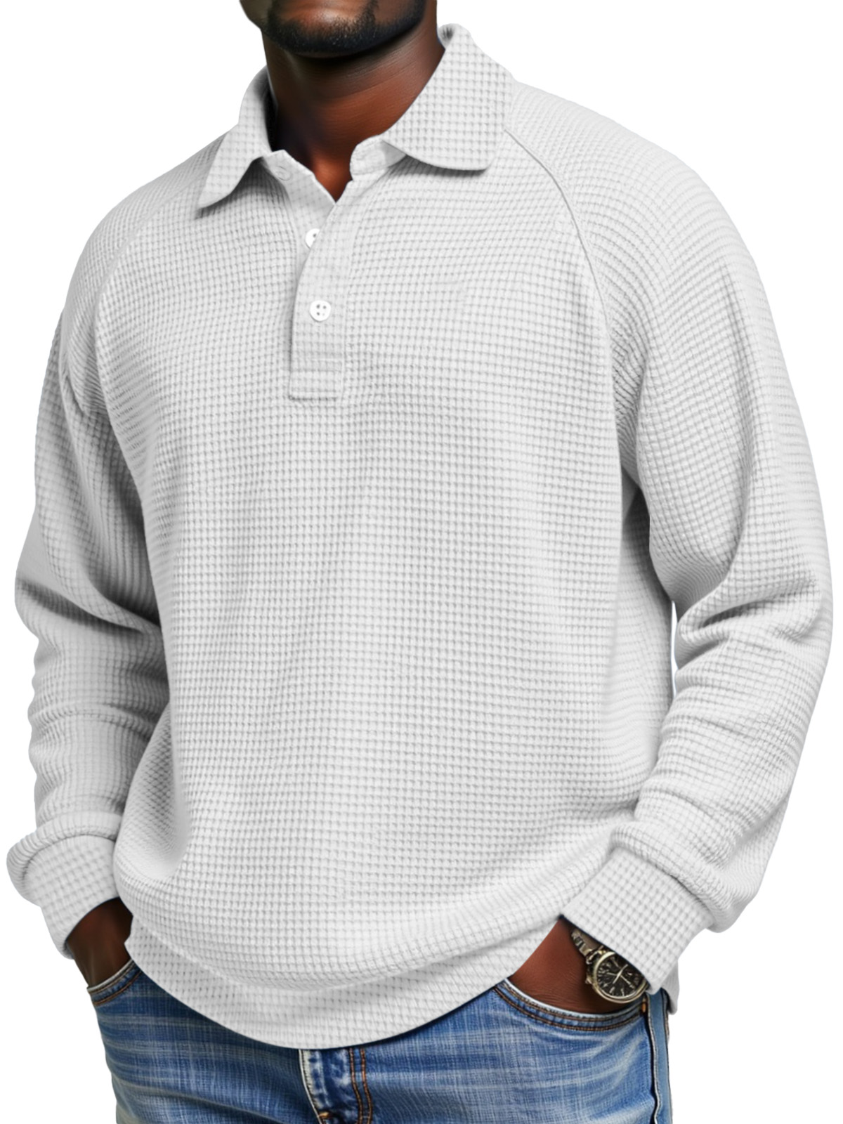 Herren Tägliches Einfaches Einfarbiges Waffel Raglan Ärmel Langarm Polohemd-deurabatt