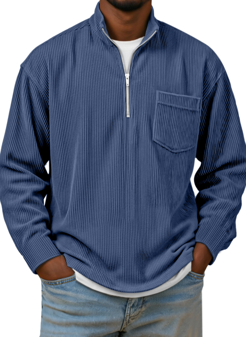 Herren Einfaches Basic Corduroy Viertel-Reißverschluss Stehkragen Langarm Polohemd-deurabatt
