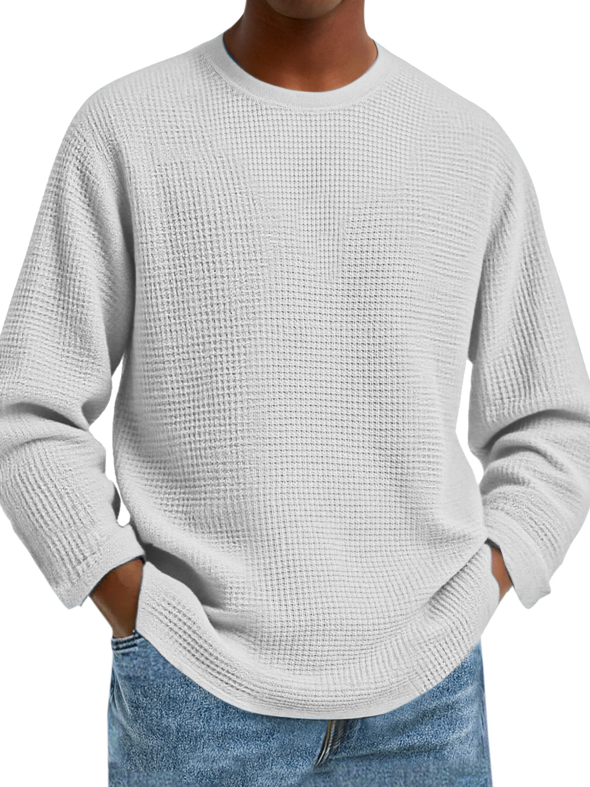 Herren Einfaches Tägliches Einfarbiges Waffel Rundhals Langarm T-Shirt-deurabatt