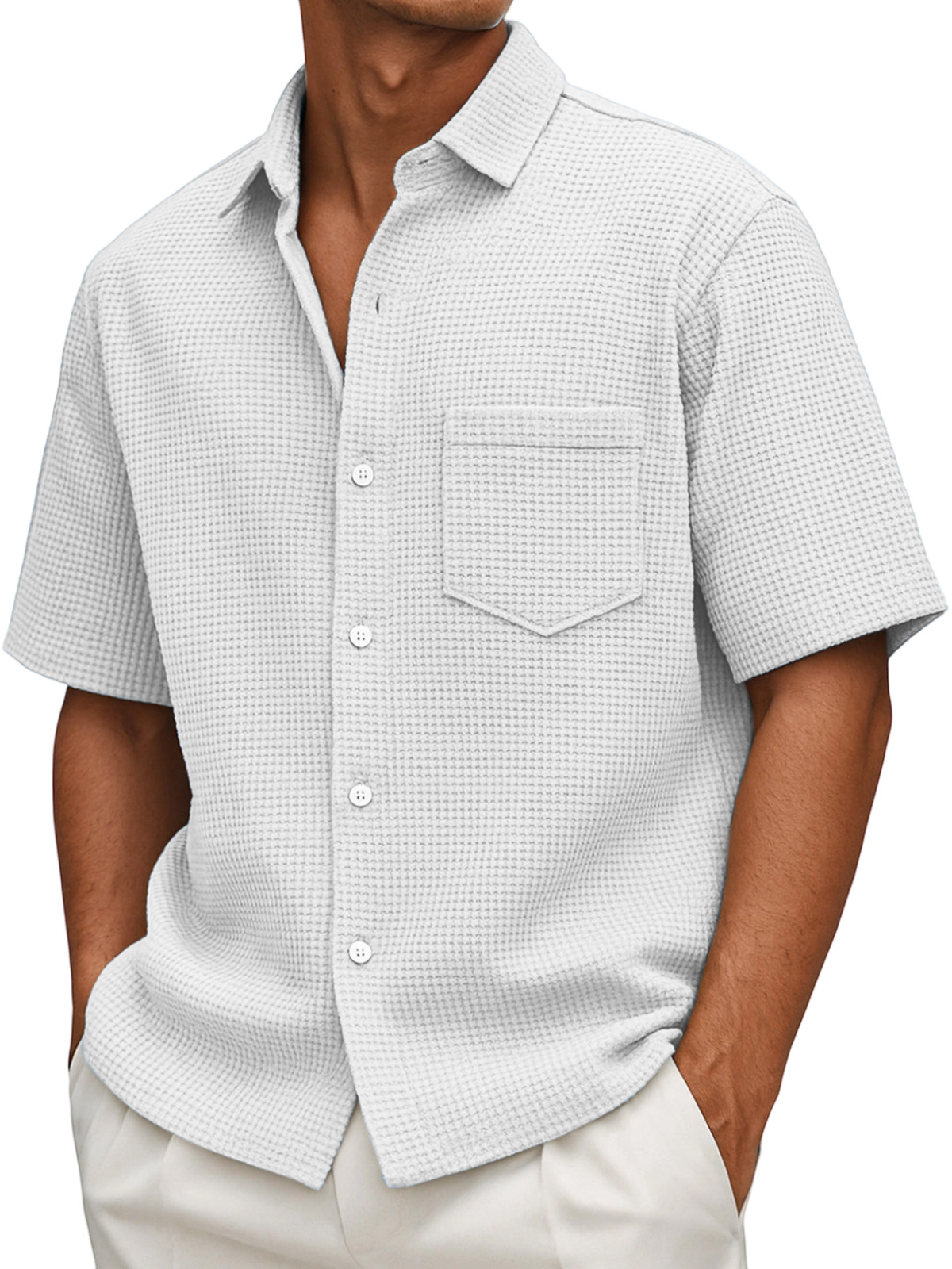 Herren Sommer Locker Casual Waffel Einfarbig Knopf Kurzarmhemd-deurabatt