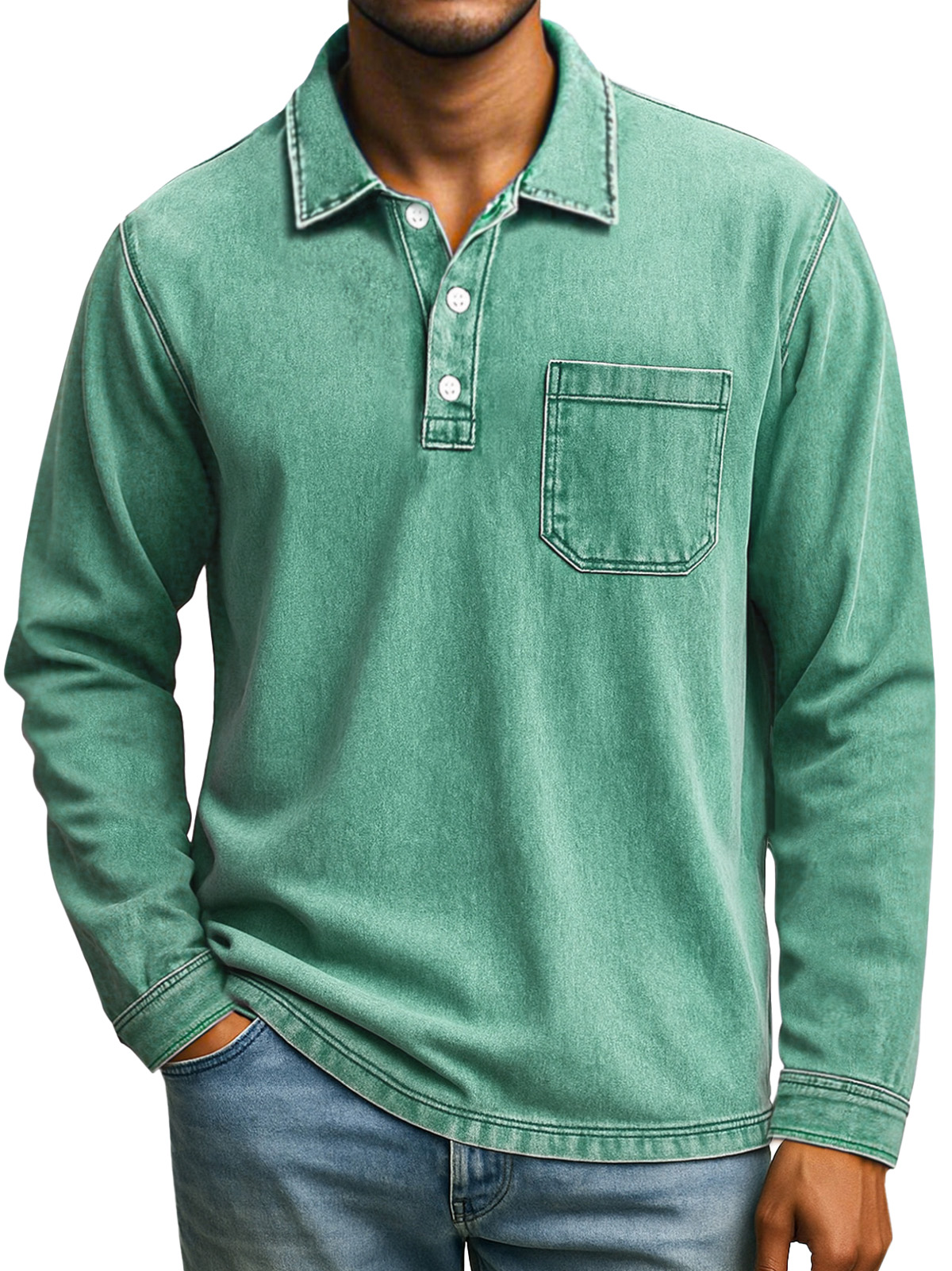 Herren Retro Freizeit Tägliches Einfarbiges Langarm Poloshirt mit Revers-deurabatt