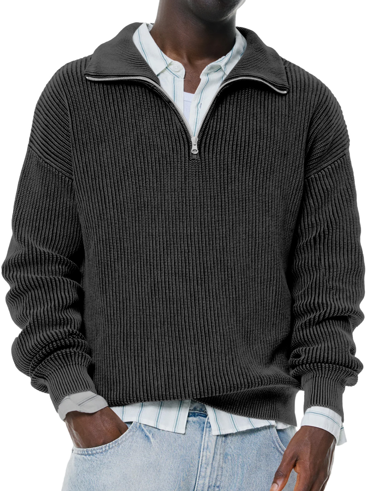 Herren täglicher lässiger einfarbiger gestrickter Stehkragen Reißverschluss Pullover Pullover-ZierMode
