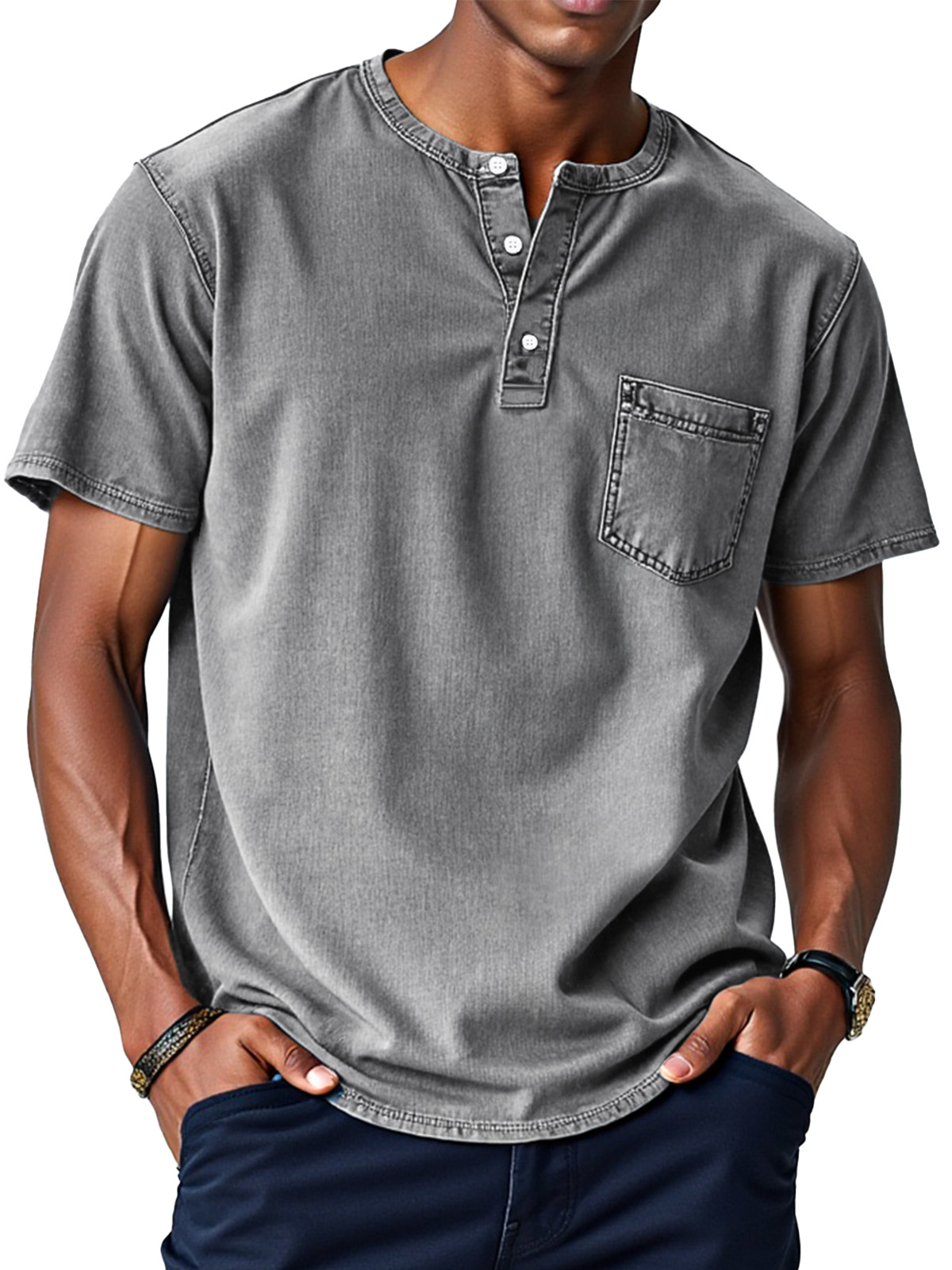Herren Retro Einfarbig Locker Knopf Stehkragen Kurzarm Henley Shirt-deurabatt