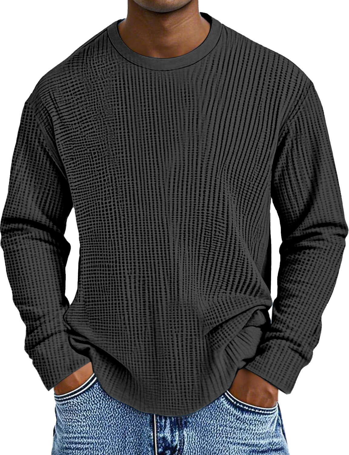 Herren Einfaches Tägliches Einfarbiges Waffel Rundhals Langarm-T-Shirt-deurabatt