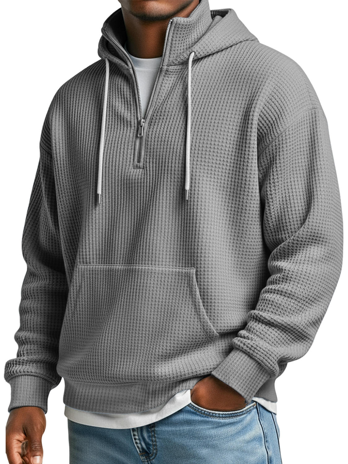 Herren Waffelkragen Reißverschluss Lässiger Lockere Kapuzenpullover-deurabatt