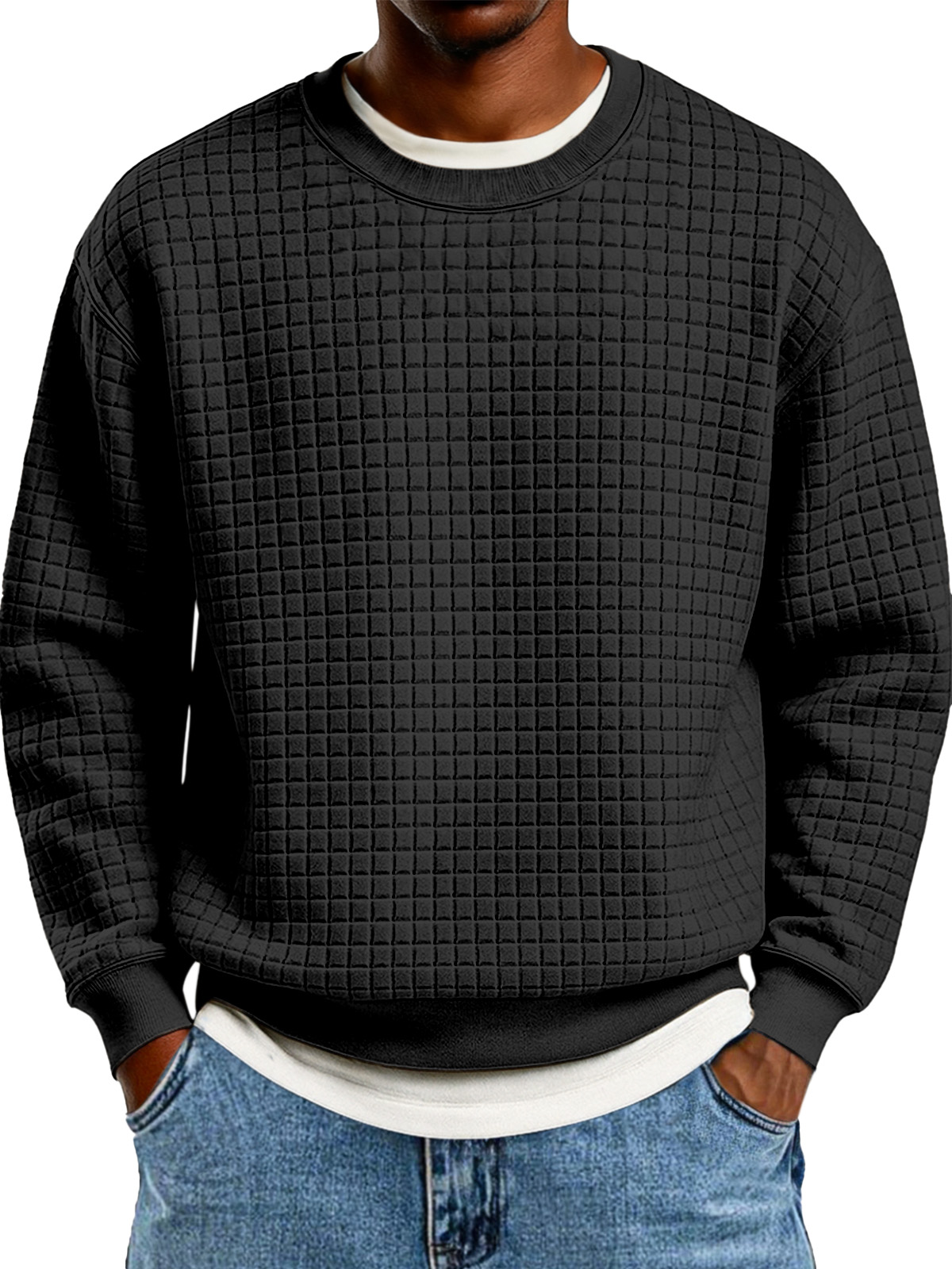 Winter Einfach Lässig Kleine Quadratische Textur Rundhals Langarm Sweatshirt-deurabatt