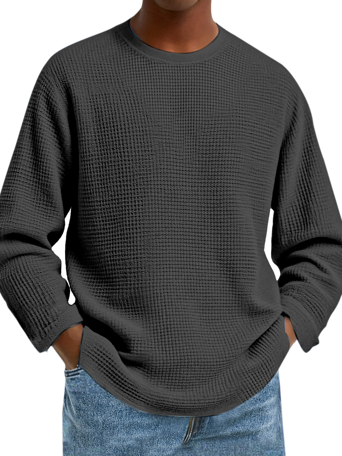 Herren Einfaches Tägliches Einfarbiges Waffel Rundhals Langarm T-Shirt-deurabatt