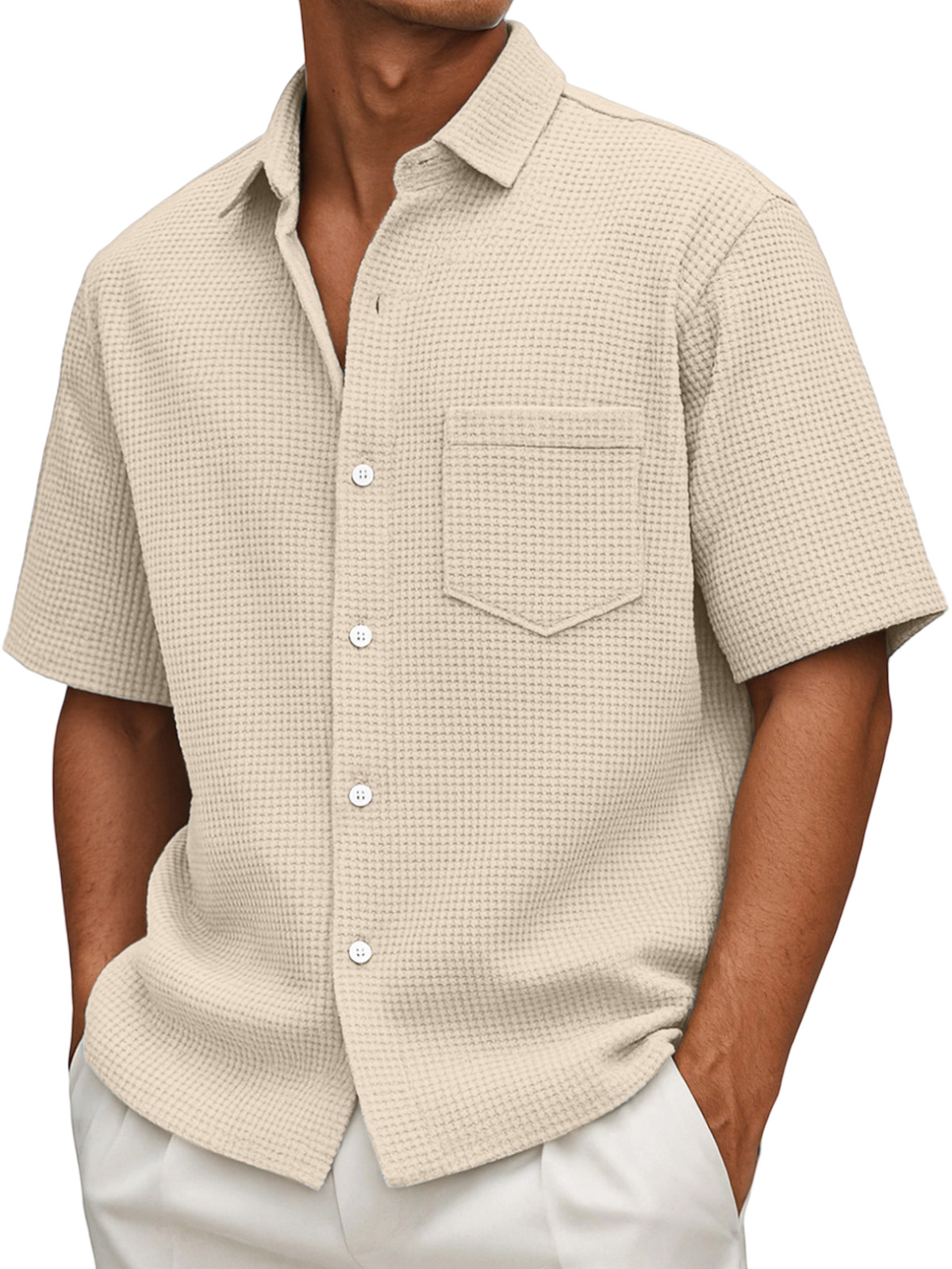 Herren Sommer Locker Casual Waffel Einfarbig Knopf Kurzarmhemd-deurabatt