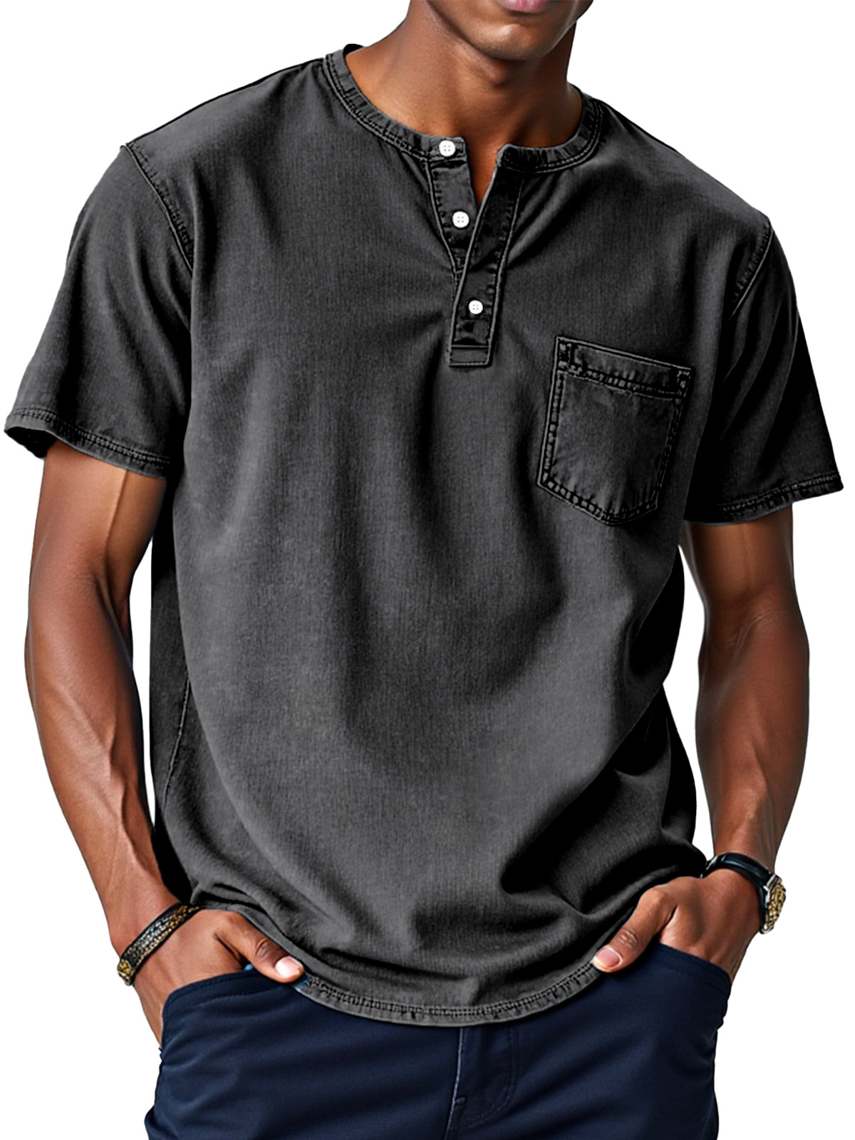 Herren Retro Einfarbig Locker Knopf Stehkragen Kurzarm Henley Shirt-deurabatt