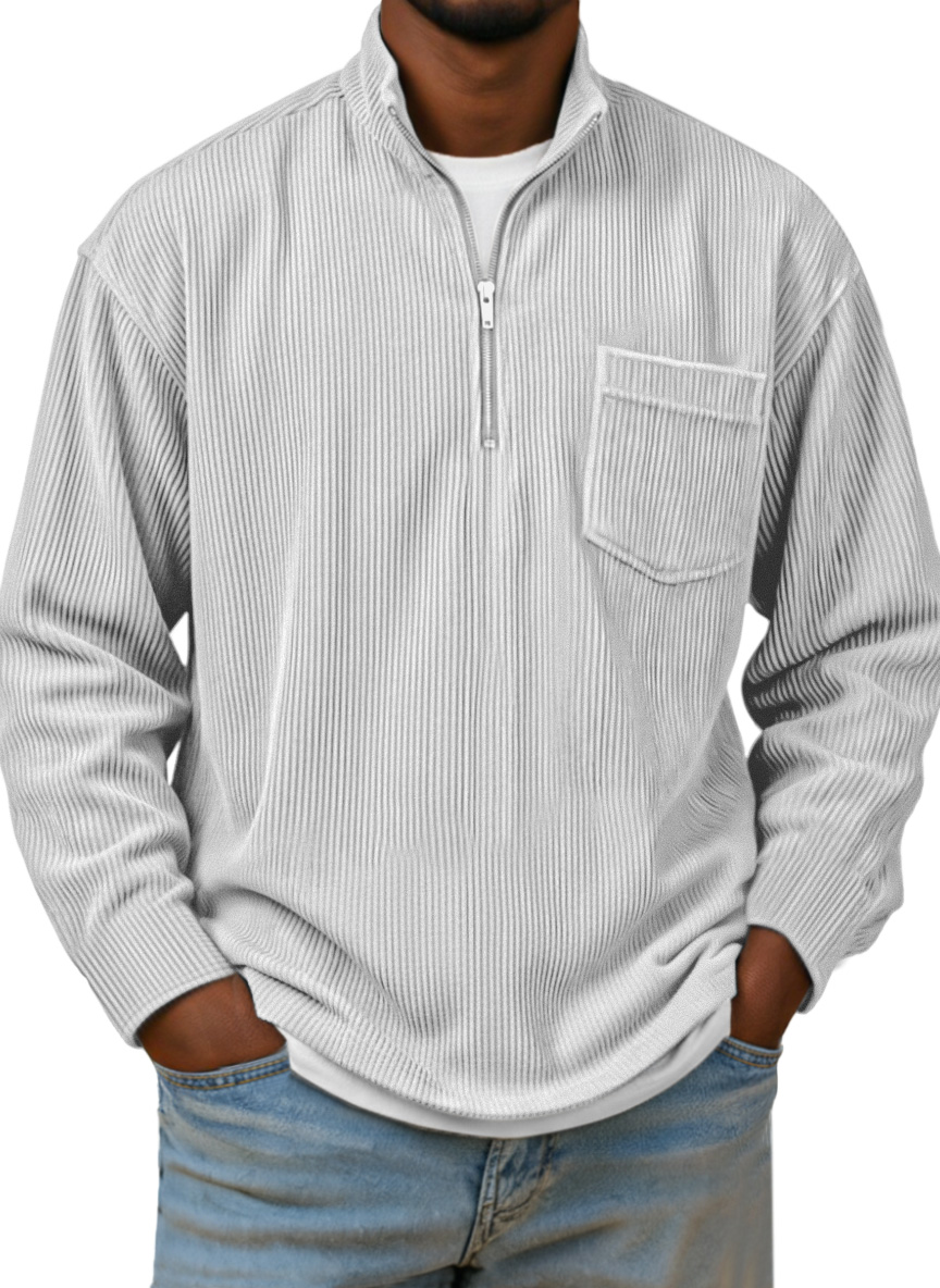 Herren Einfaches Basic Corduroy Viertel-Reißverschluss Stehkragen Langarm Polohemd-deurabatt