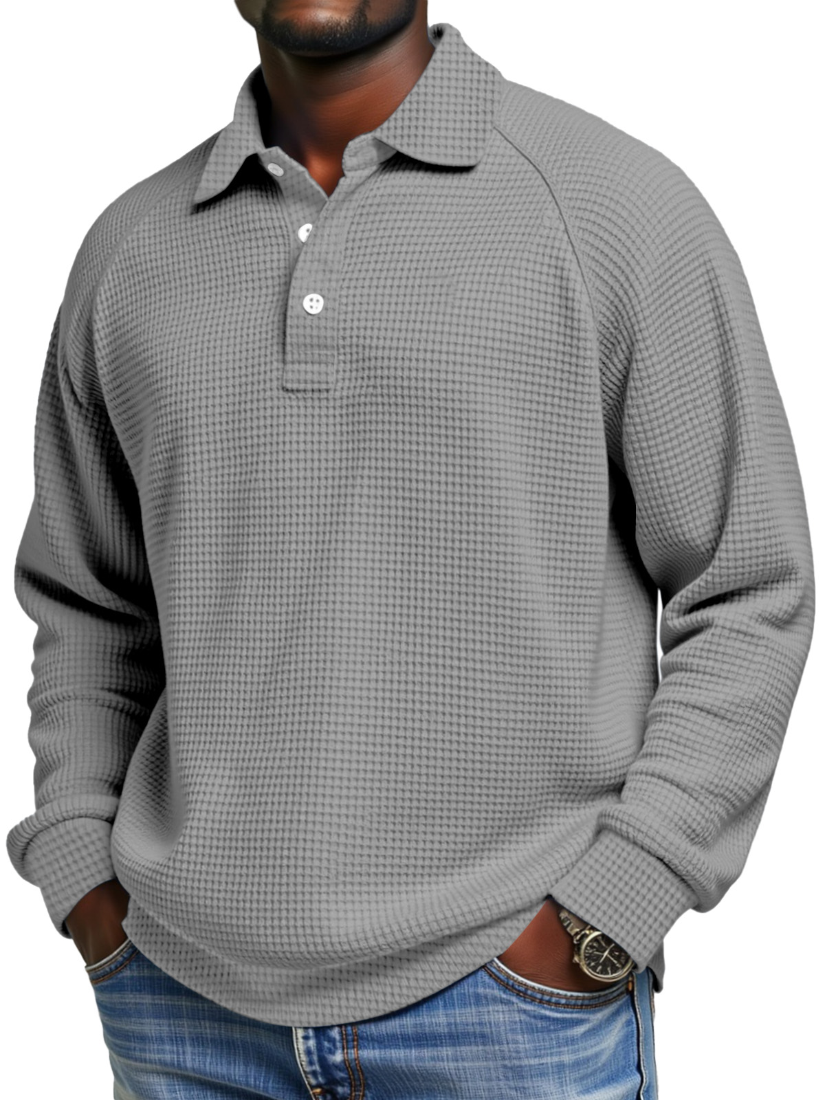 Herren Tägliches Einfaches Einfarbiges Waffel Raglan Ärmel Langarm Polohemd-deurabatt