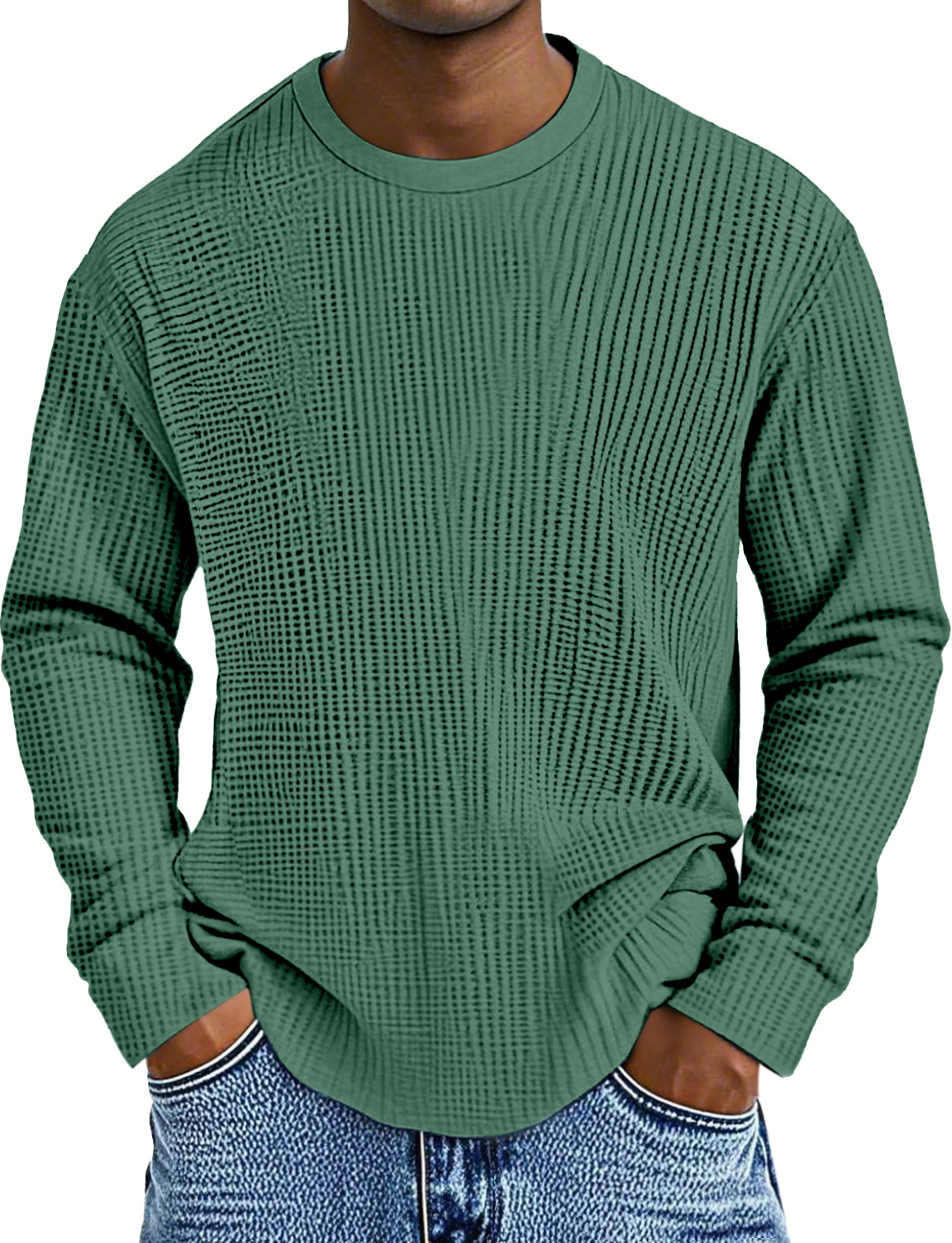 Herren Einfaches Tägliches Einfarbiges Waffel Rundhals Langarm-T-Shirt-deurabatt