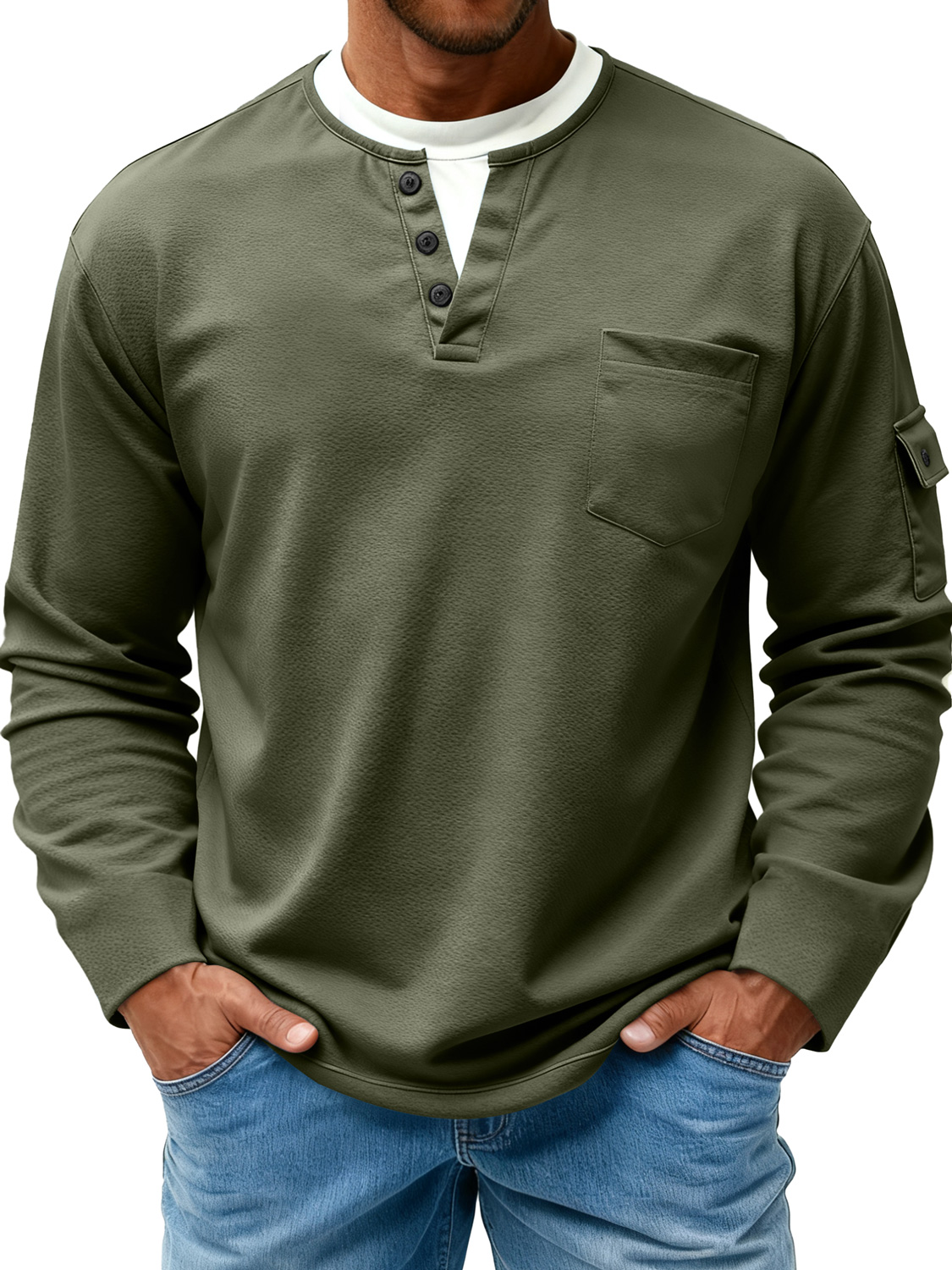 Herren T-Shirt mit doppeltem Kragen, faux Zweiteiler, lässig, langärmlig, mit Seitentaschen-ZierMode