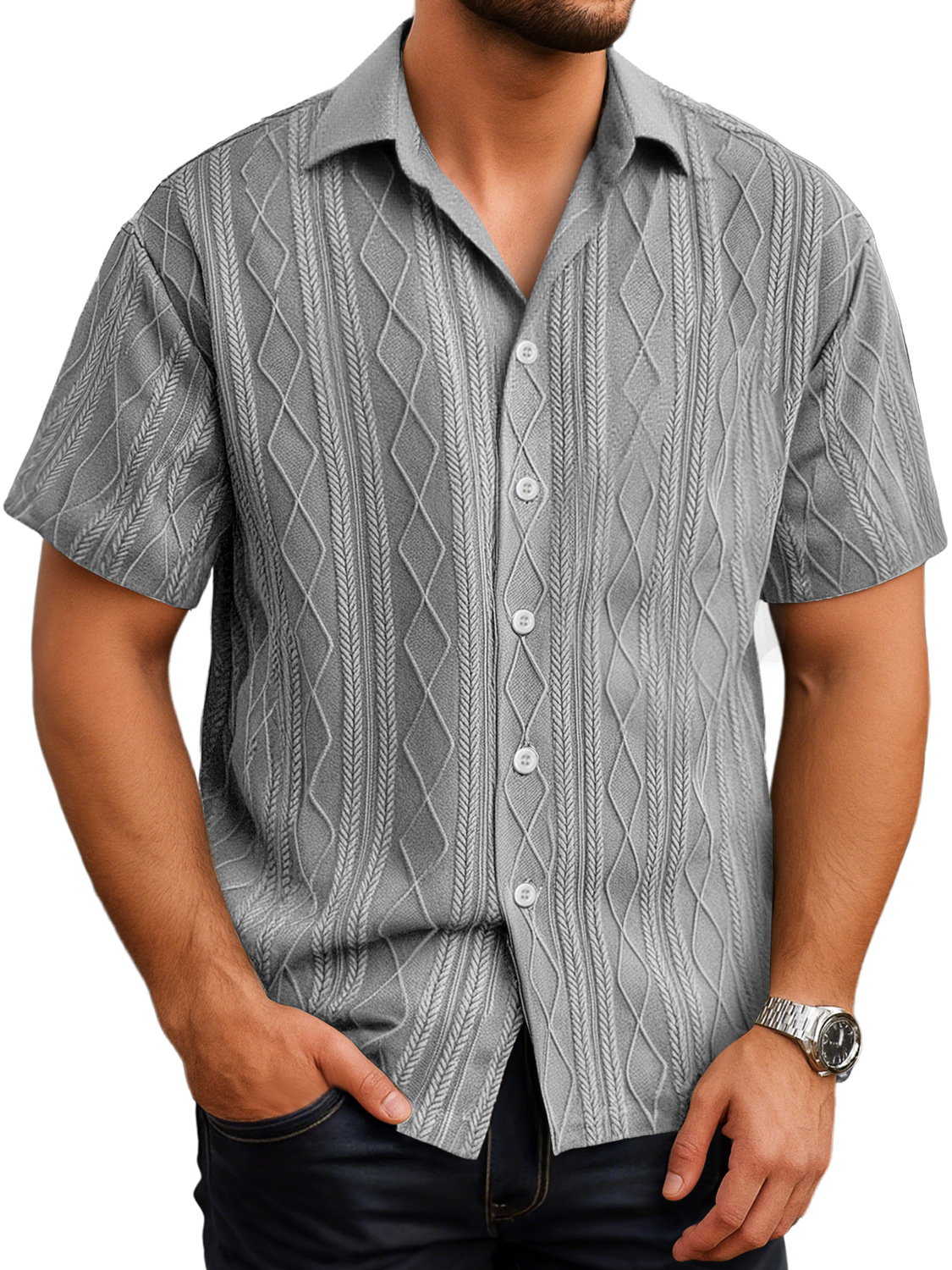 Herren Daily Texture Casual Revers Einfarbig Kurzarmhemd-deurabatt